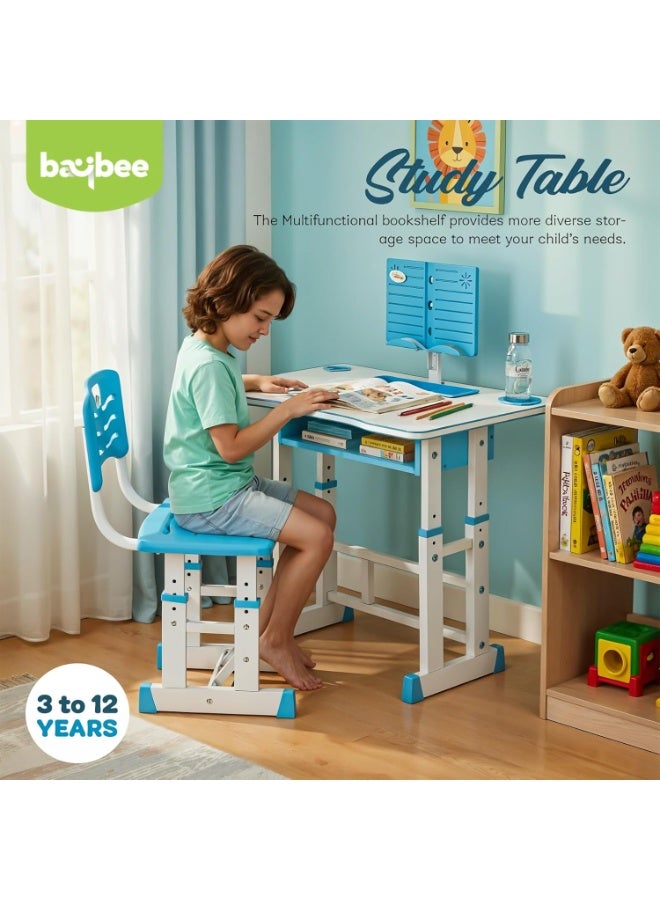 BAYBEE Childrens Study Table and Chair Set for Kids 2+ Years Boys & Girls | Height Adjustable Study Desk with Book Holder, Storage Drawer & Footrest | Ergonomic Kids Study Table for Reading & Writing Blue - Image 3